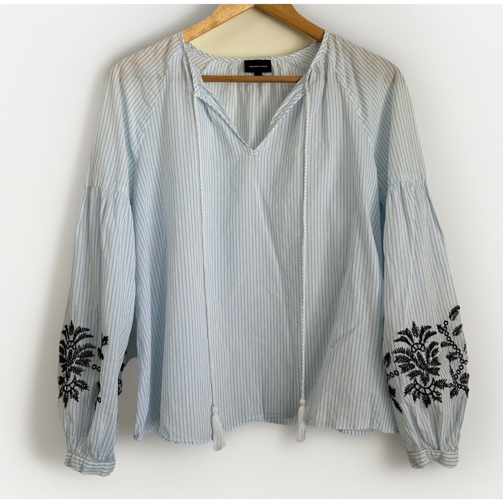 Who What Wear Embroidered Striped Blouse Women's S White Blue Cottagecore Boho